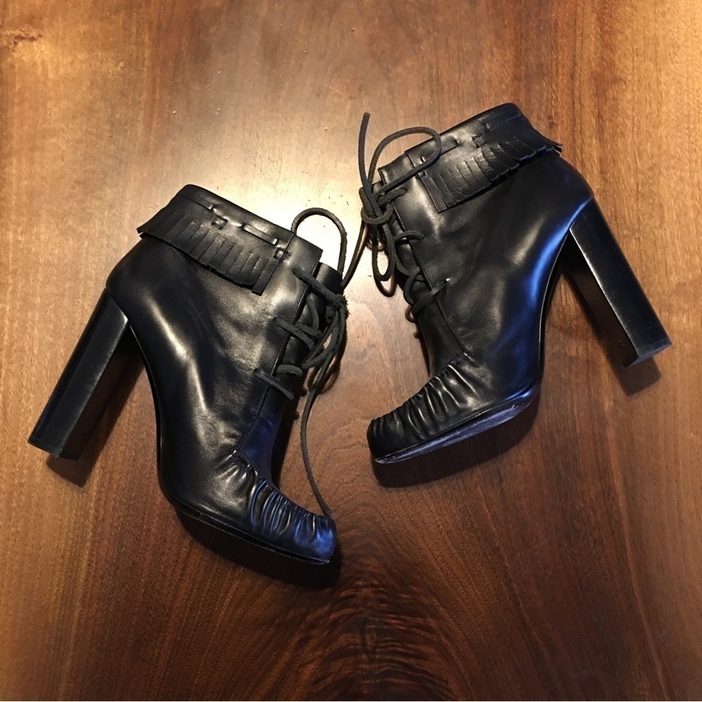 TOM FORD Black Leather Fringe Heeled Ankle Boot Size 10 EU 41 Made in Italy